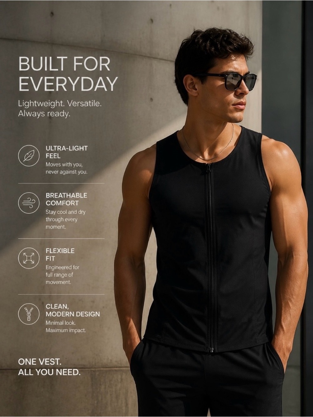 Men's Black Zippered Performance Vest
